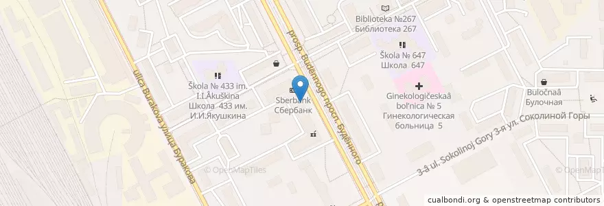 Mapa de ubicacion de Почта Банк en Rússia, Distrito Federal Central, Москва, Восточный Административный Округ, Район Соколиная Гора.
