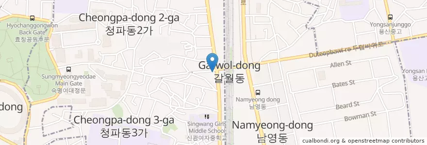 Mapa de ubicacion de 천원김밥 (달인,묵은지김밥) en Coreia Do Sul, Seul, 용산구, 청파동.