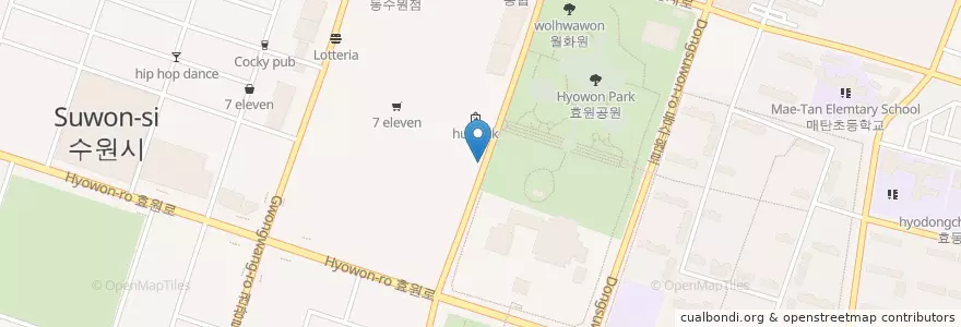 Mapa de ubicacion de 이나경 송탄부대찌개 (햄폭탄부대찌개) en Südkorea, Gyeonggi-Do, 수원시, 팔달구, 영통구.