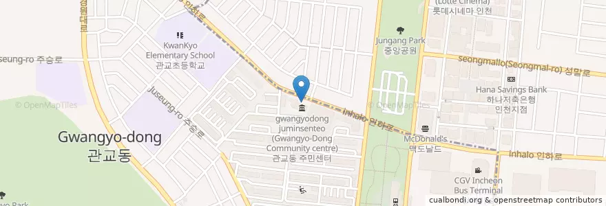 Mapa de ubicacion de 관교동 주민센터 en Corée Du Sud, Inchon, 미추홀구, 남동구.