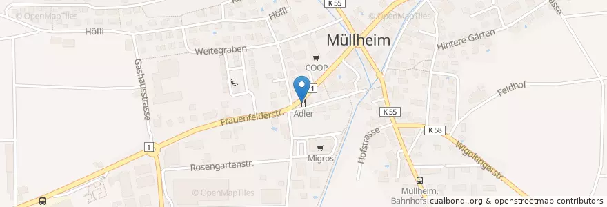 Mapa de ubicacion de Adler en Suisse, Thurgovie, Bezirk Frauenfeld, Müllheim.