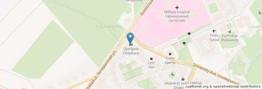 Mapa de ubicacion de Сбербанк en Rusland, Северо-Западный Федеральный Округ, Oblast Leningrad, Sint-Petersburg, Петродворцовый Район, Петергоф.