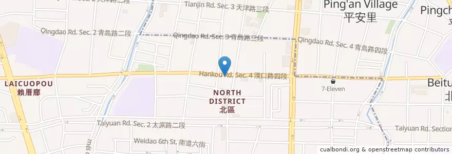 Mapa de ubicacion de Q霸當歸鴨麵 en 타이완, 타이중 시, 베이툰 구, 베이구.