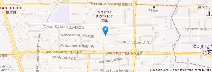 Mapa de ubicacion de 黑皮麻辣乾麵 en تایوان, تایچونگ, 北區.
