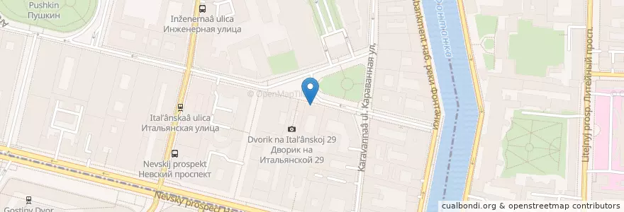 Mapa de ubicacion de Меди на Итальянской en Russland, Föderationskreis Nordwest, Oblast Leningrad, Sankt Petersburg, Центральный Район, Palastviertel.