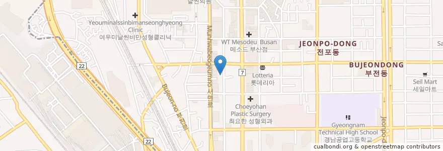 Mapa de ubicacion de 개미집 서면점 en Республика Корея, Пусан, 부산진구, 부전동.