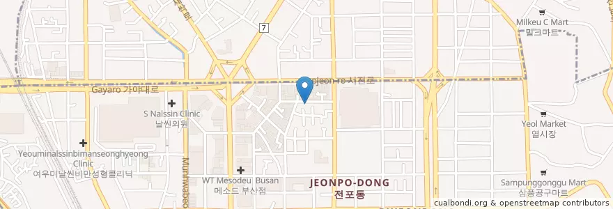 Mapa de ubicacion de 고기굽는남자 en Korea Selatan, 부산, 부산진구, 부전동.