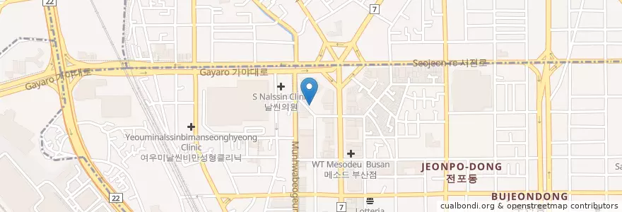 Mapa de ubicacion de 가야밀면 en 대한민국, 부산, 부산진구, 부전동.
