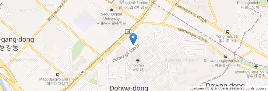 Mapa de ubicacion de 곱 마포점 (이영자맛집 곱창) en Korea Selatan, 서울, 마포구, 도화동.