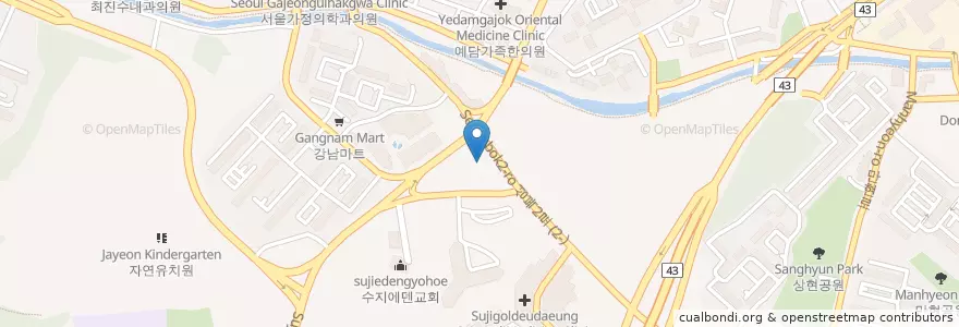 Mapa de ubicacion de 용인토종순대국 en 대한민국, 경기도, 용인시, 수지구.