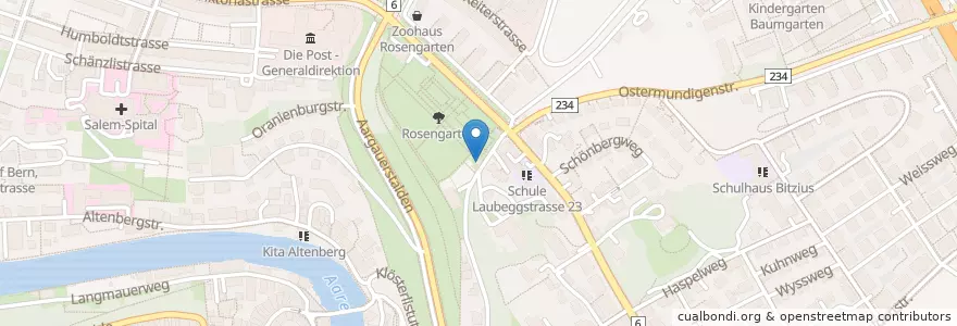 Mapa de ubicacion de Lesepavillon Rosengarten en 瑞士, 伯尔尼, Verwaltungsregion Bern-Mittelland, Verwaltungskreis Bern-Mittelland, Bern.