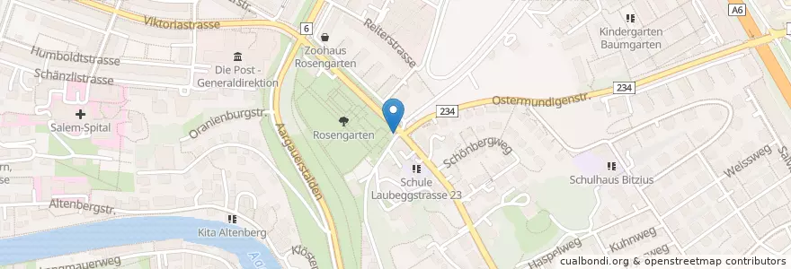 Mapa de ubicacion de Briefeinwurf Bern, Bushaltestelle Rosengarten en Switzerland, Bern, Verwaltungsregion Bern-Mittelland, Verwaltungskreis Bern-Mittelland, Bern.