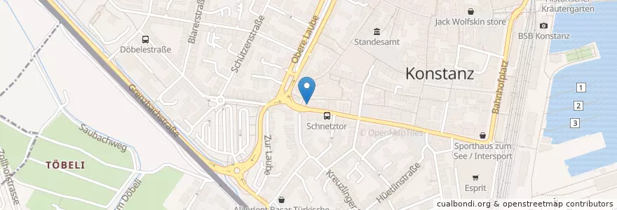 Mapa de ubicacion de Hirsch Apotheke en Allemagne, Bade-Wurtemberg, Regierungsbezirk Freiburg, Bezirk Kreuzlingen, Landkreis Konstanz, Verwaltungsgemeinschaft Konstanz, Konstanz.