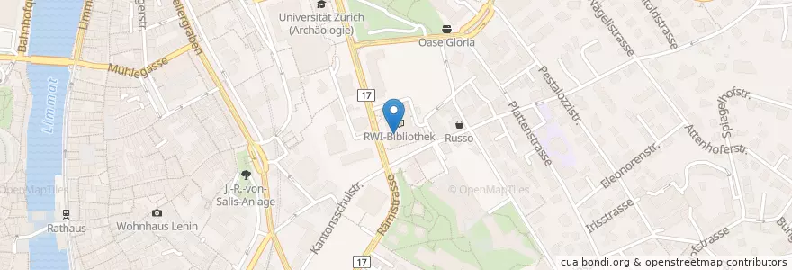 Mapa de ubicacion de Cafeteria UZH Rämistrasse en Schweiz/Suisse/Svizzera/Svizra, Zürich, Bezirk Zürich, Zürich.