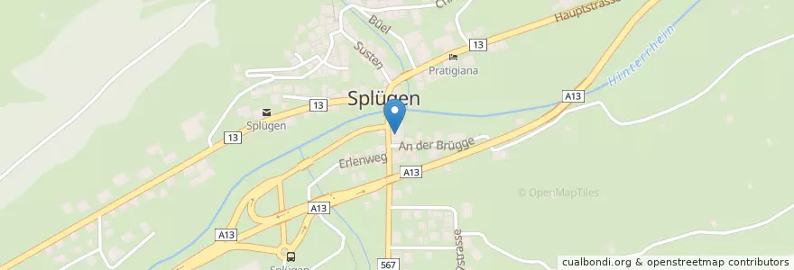Mapa de ubicacion de Splügen en Suiza, Grisones, Viamala, Rheinwald.