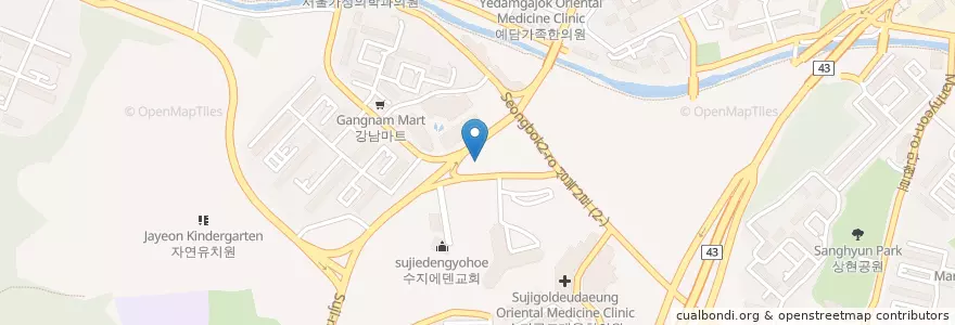 Mapa de ubicacion de 깐부치킨 en 대한민국, 경기도, 용인시, 수지구.