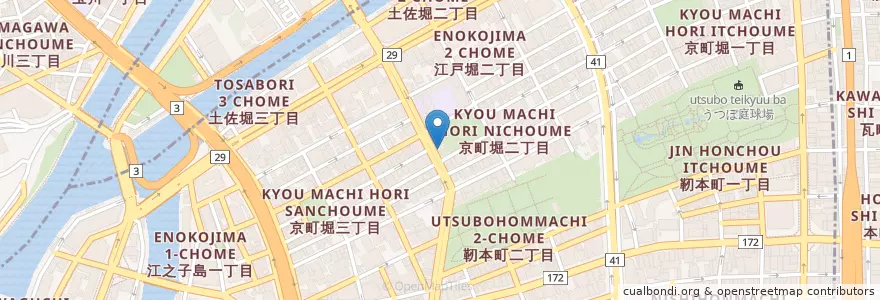 Mapa de ubicacion de 炭火焼肉 華苑 en Япония, Осака, 大阪市, 西区.