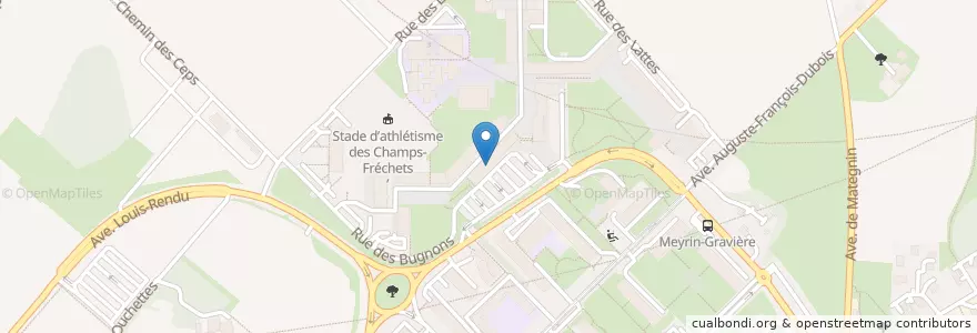 Mapa de ubicacion de Champs Fréchets Doner Kebab, K. Coskun S.A. en 瑞士, 日內瓦, Meyrin, 日內瓦, Meyrin.