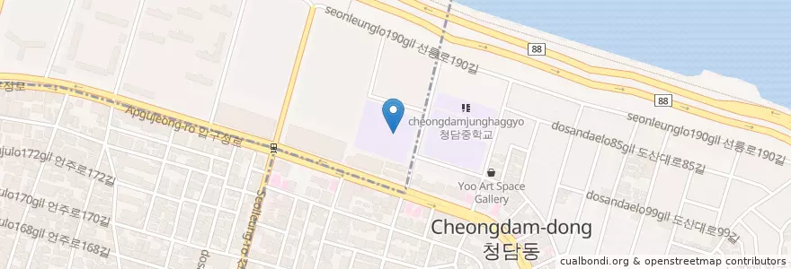 Mapa de ubicacion de 청담고등학교 en Corea Del Sur, Seúl, 강남구, 청담동, 압구정동.