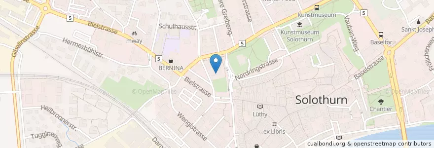 Mapa de ubicacion de Baloise Bank SoBa en 스위스, Solothurn, Amtei Solothurn-Lebern, Bezirk Solothurn, Solothurn.