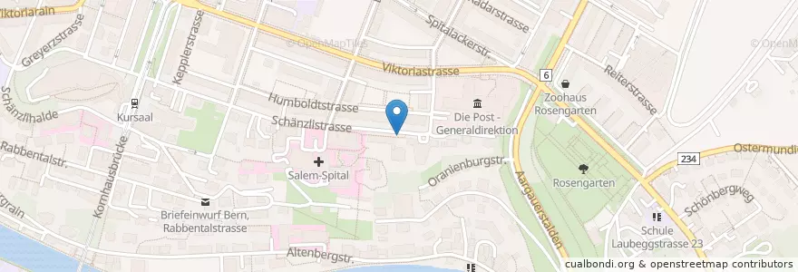 Mapa de ubicacion de Briefeinwurf Bern, Schänzlistrasse en Zwitserland, Bern/Berne, Verwaltungsregion Bern-Mittelland, Verwaltungskreis Bern-Mittelland, Bern.
