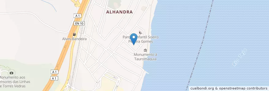 Mapa de ubicacion de Balneários Públicos de Alhandra en 葡萄牙, Área Metropolitana De Lisboa, Lisboa, Grande Lisboa, Vila Franca De Xira.