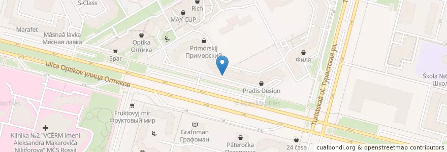 Mapa de ubicacion de Кальянная Feromon Optikov en Russland, Föderationskreis Nordwest, Oblast Leningrad, Sankt Petersburg, Приморский Район, Округ № 65.