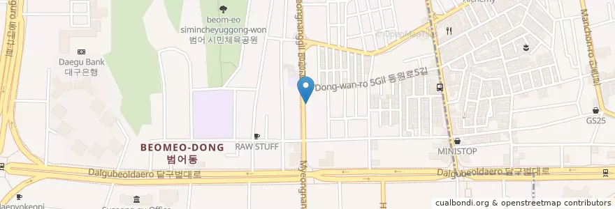 Mapa de ubicacion de 대오티 en 대한민국, 대구, 수성구, 만촌동, 범어동.