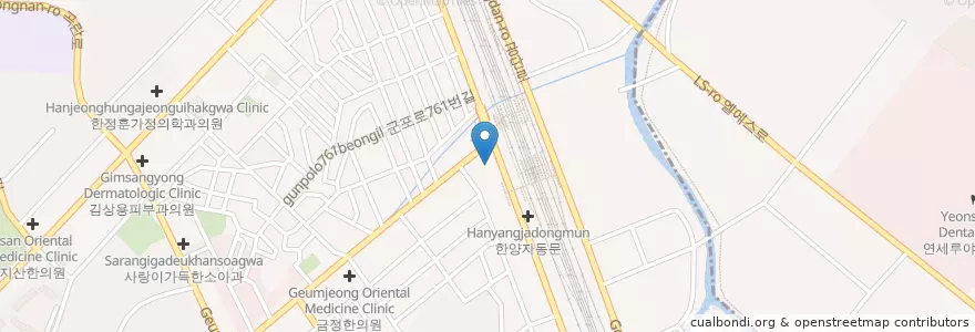 Mapa de ubicacion de 1연세탑치과 en Korea Selatan, Gyeonggi, 군포시, 금정동, 산본1동.