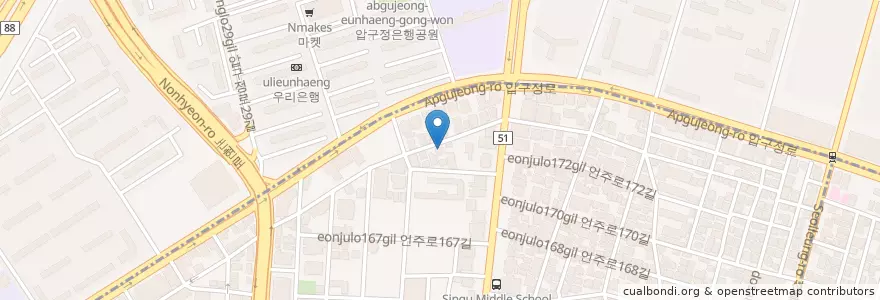 Mapa de ubicacion de 카베하네커피공방 en South Korea, Seoul, Gangnam-Gu, Sinsa-Dong, Apgujeong-Dong.