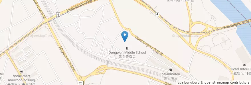 Mapa de ubicacion de 동원중학교 en Korea Selatan, Daegu, 동구, 수성구, 효목동, 만촌동.