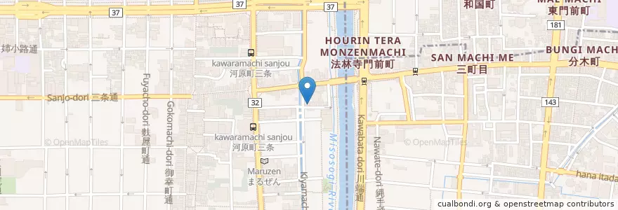 Mapa de ubicacion de 餃子の王将　三条店 (Gyoza-No-Oushou Sanjo) en 日本, 京都府, 京都市, 中京区.