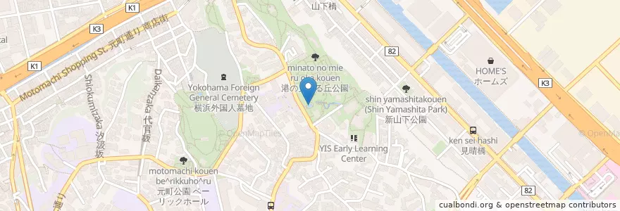 Mapa de ubicacion de 横浜水道創設記念噴水塔 en 日本, 神奈川県, 横浜市, 中区.