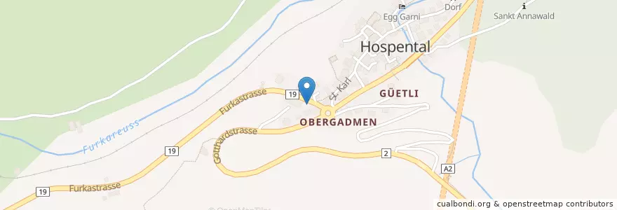 Mapa de ubicacion de Hospental en Suiza, Uri, Korporation Ursern, Hospental.