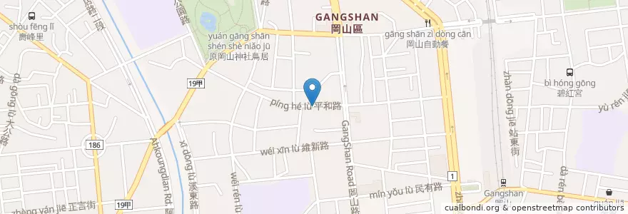Mapa de ubicacion de 岡山平和路郵局 en Taiwan, Kaohsiung, Distretto Di Gangshan.
