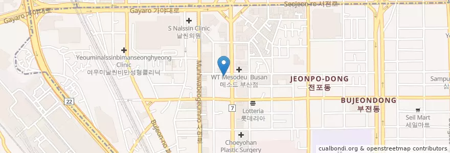 Mapa de ubicacion de 우리은행 부전동금융센터 en Güney Kore, Busan, 부산진구, 부전동.