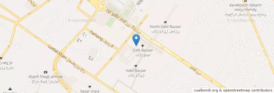Mapa de ubicacion de کافه خان en 이란, استان فارس, شهرستان شیراز, بخش مرکزی, شیراز.