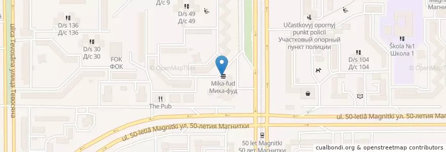 Mapa de ubicacion de Мика-фуд en Rusland, Уральский Федеральный Округ, Oblast Tsjeljabinsk, Магнитогорский Городской Округ.