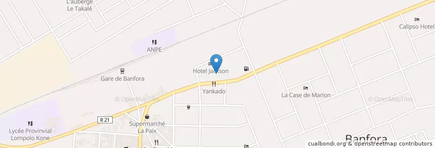 Mapa de ubicacion de Djiguiya Restaurant Maquis Cafè en Буркина-Фасо, Каскады, Комоэ, Банфора.