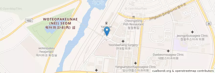 Mapa de ubicacion de 한사랑약국 en كوريا الجنوبية, 경상남도, 양산시.