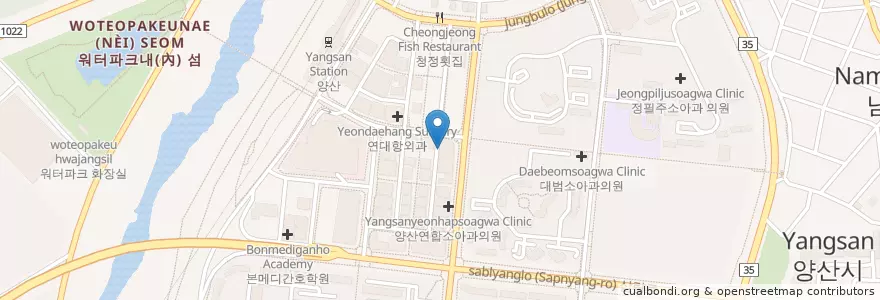 Mapa de ubicacion de 늘푸른약국 en Korea Selatan, Gyeongsang Selatan, 양산시.