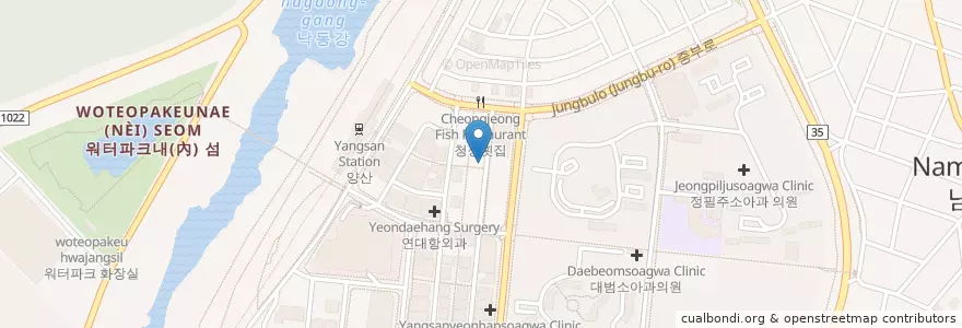 Mapa de ubicacion de 황장군돼지국밥 그리고 수육 en كوريا الجنوبية, 경상남도, 양산시.