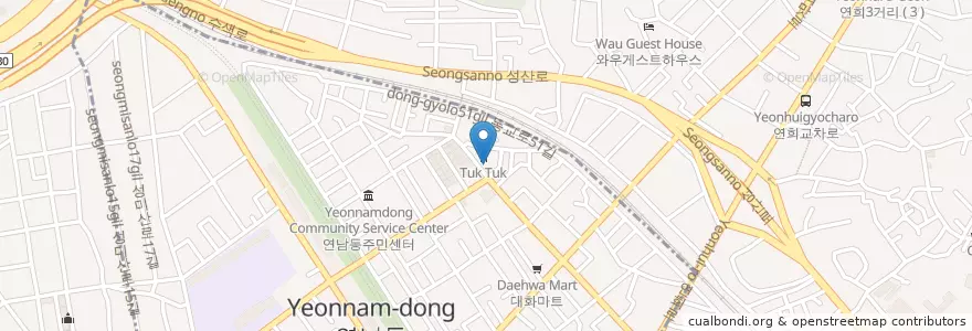 Mapa de ubicacion de 레이어드 en 大韓民国, ソウル, 麻浦区, 연남동, 연희동.