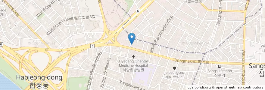 Mapa de ubicacion de 안티카페 손과얼굴 en Corea Del Sur, Seúl, 마포구, 합정동.