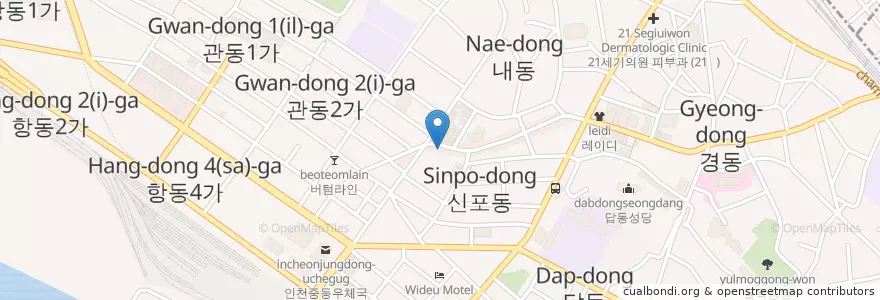 Mapa de ubicacion de 맘스터치 신포점 en 大韓民国, 仁川広域市, 中区.