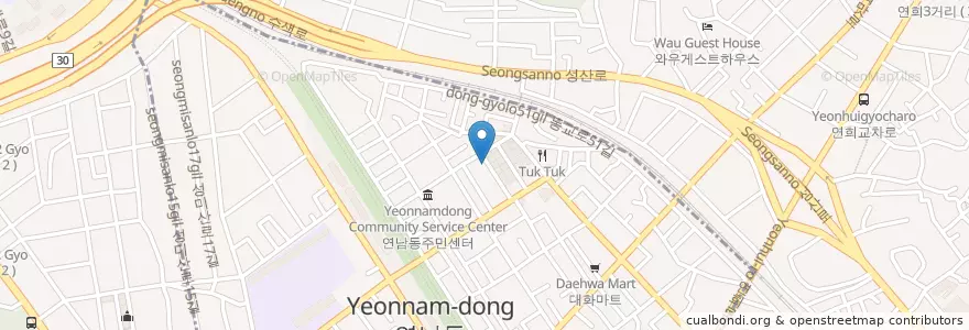 Mapa de ubicacion de 빵어니스타 연남점 en Coreia Do Sul, Seul, 마포구, 연남동, 연희동.