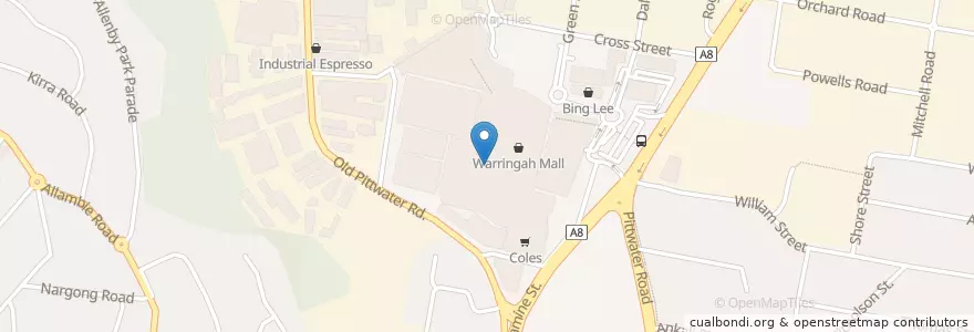 Mapa de ubicacion de Flower Child Cafe Warringah Mall en Australia, Nueva Gales Del Sur, Sydney, Northern Beaches Council.
