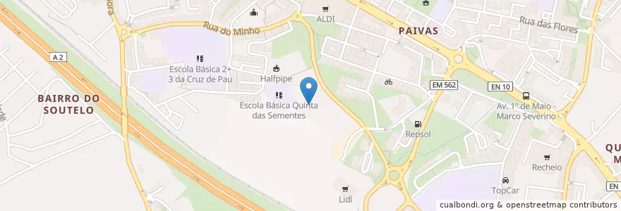 Mapa de ubicacion de Casa das artes en 포르투갈, Área Metropolitana De Lisboa, Setúbal, Península De Setúbal, Seixal, Amora.