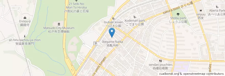 Mapa de ubicacion de 池亀内科 en Japonya, 千葉県, 松戸市.