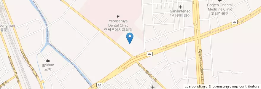 Mapa de ubicacion de 안양호계현대 우편취급국 en کره جنوبی, گیونگی-دو, 호계동.